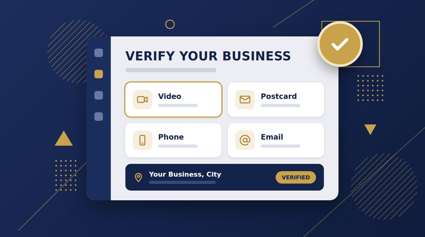 Illustration of a Google Business Profile verification screen with options for video recording, postcard, phone, and email, and a verified checkmark